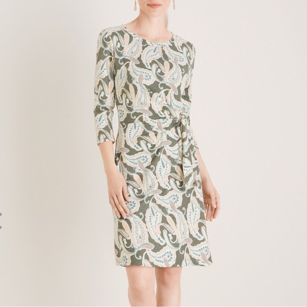Chico's Green Paisley Printed Side-Tie Cotton Modal Slub Dress Size 8